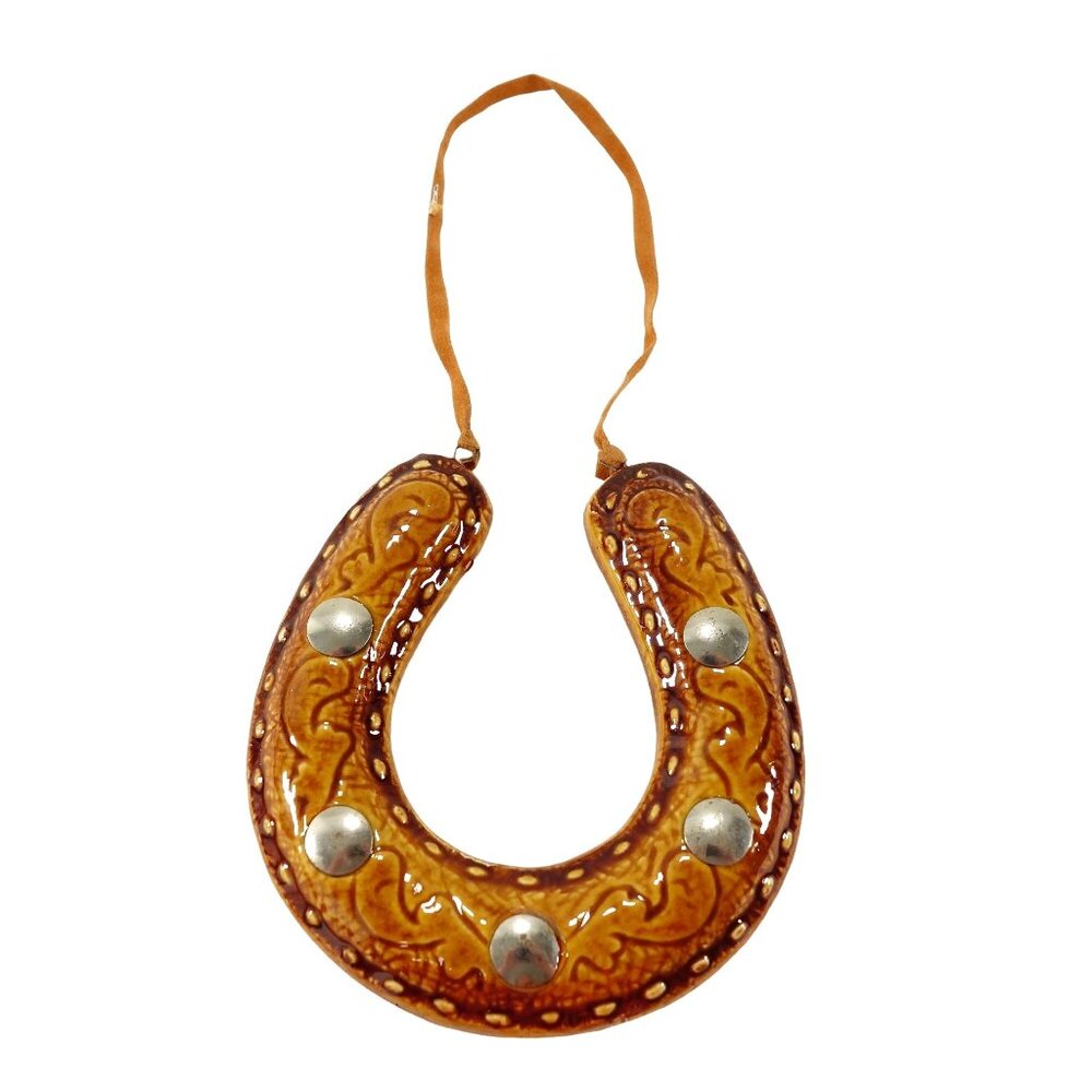 Ceramic Horseshoe Metal Studs Western Motif Christmas Holiday Hanging Ornament